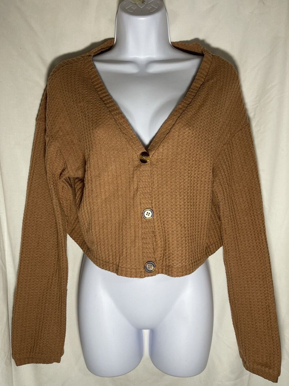 ROMWE Brown Waffle Knit Cropped Cardigan Sweater Women's Size L Large Boho Cozy